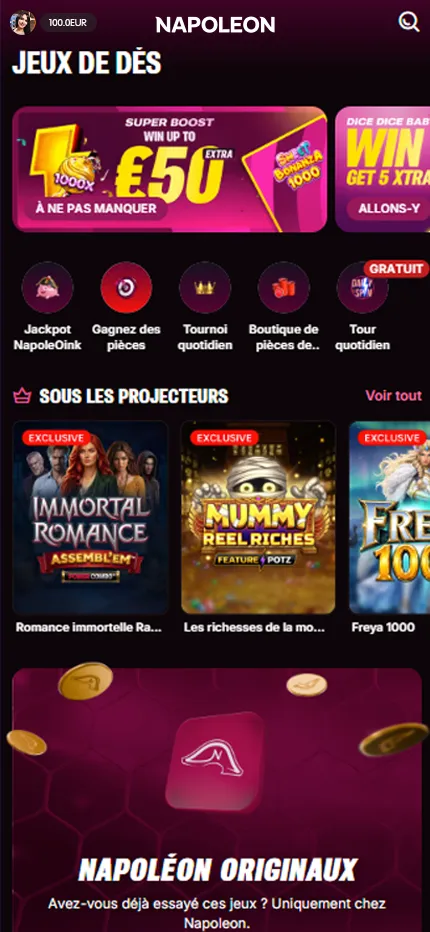 Capture d’écran du lobby du casino en ligne Napoléon, affichant les dices slots